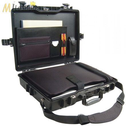 Peli Case 1495 műanyag védőtáska17" colos laptophoz - Deluxe: gumitálca betétes, külön párnázott tokokkal a laptopnak és a kiegészítők számára is. Vállpánttal és irattartóval. Belső: 479x333x97 mm