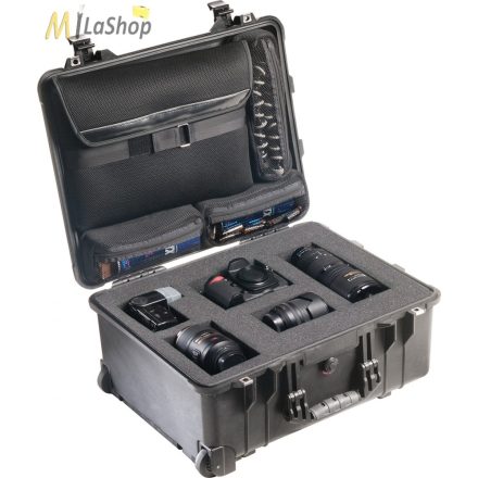 Peli Case 1560LFC Stúdió védőtáska: gurulós műanyag táska, szivacsos, laptoptartóval a fedélben, Belső: 518x392x229 mm 